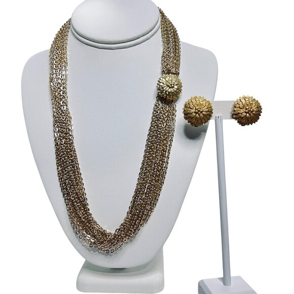 Vintage 12 Strand Gold Tone Cable Chain Necklace & Clip On Earrings Set (5872) - Picture 1 of 9